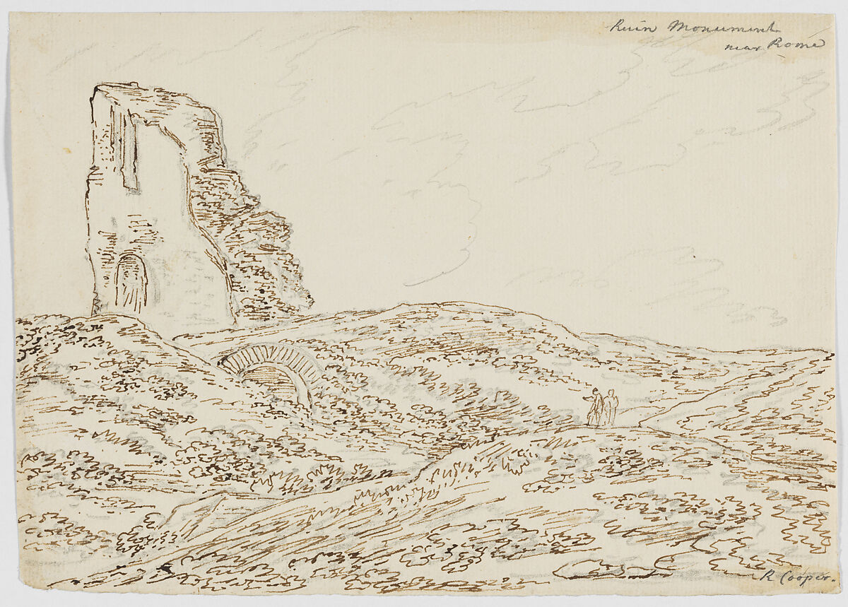 Ruin–Monument, near Rome, Richard Cooper II (British, Edinburgh, Scotland 1740–1822 Eltham, Kent), Pen and iron gall ink over graphite 