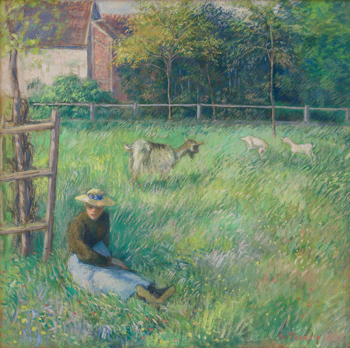 Seated Peasant Woman with Goats, Camille Pissarro (French, Charlotte Amalie, Saint Thomas 1830–1903 Paris), Gouache on wove paper 