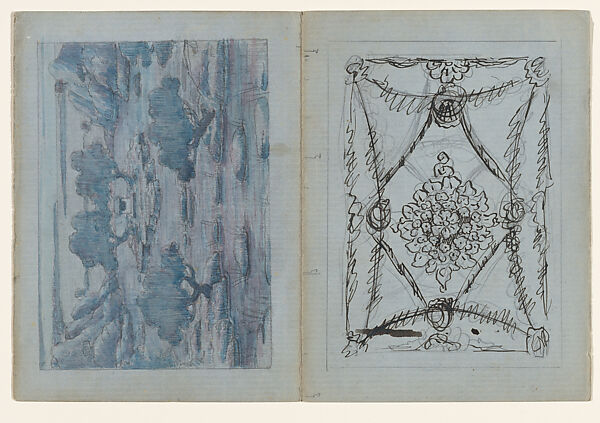 Three drawings on a folded sheet, Herbert E. Crowley (British, Eltham, Kent 1873–1937 Ascona, Switzerland), Graphite, ink, watercolor on blue paper 