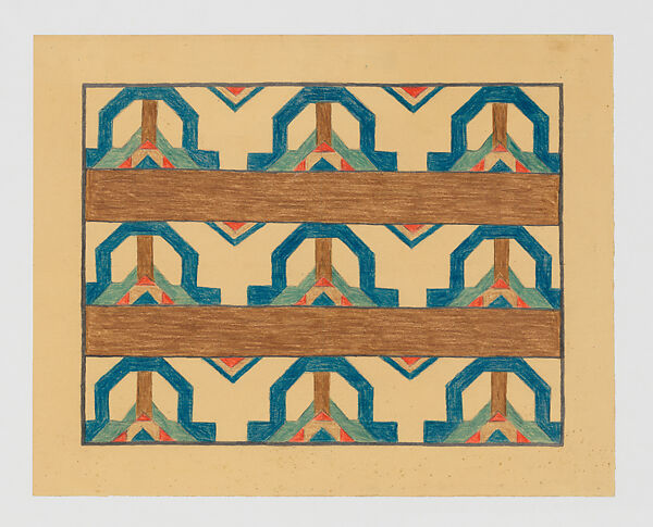 Unidentified III Green/Red Road, Mary Sully (Dakota, 1896–1963), Colored pencil, black ink, gilt, white paint, and pastel crayon on paper, Dakota