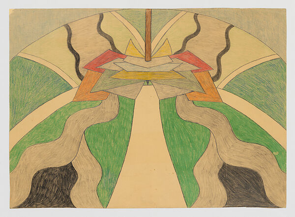Unidentified III Green/Red Road, Mary Sully (Dakota, 1896–1963), Colored pencil, black ink, gilt, white paint, and pastel crayon on paper, Dakota