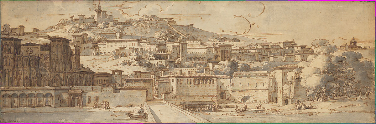 Imaginary View of Lyon, Philippe Auguste Hennequin (Lyon 1762–1833 Leuze, near Tournai), Pen and brown ink, brush and gray wash, over traces of black chalk on two joined sheets of paper 