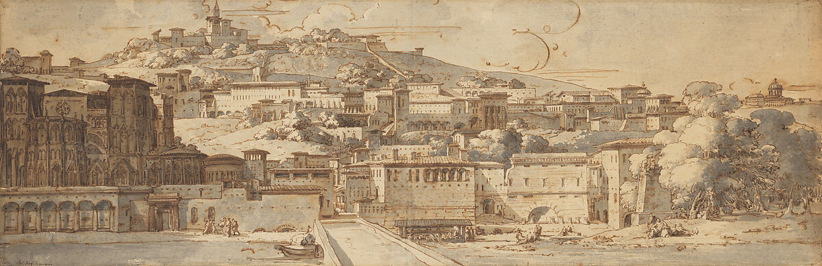 Imaginary View of Lyon, Philippe Auguste Hennequin (Lyon 1762–1833 Leuze, near Tournai), Pen and brown ink, brush and gray wash, over traces of black chalk on two joined sheets of paper 