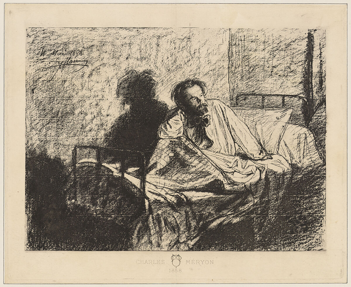 Portrait of Meryon Sitting up in Bed, After Léopold Flameng (French (born Belgium), Brussels 1831–1911 Paris), Heliogravure 