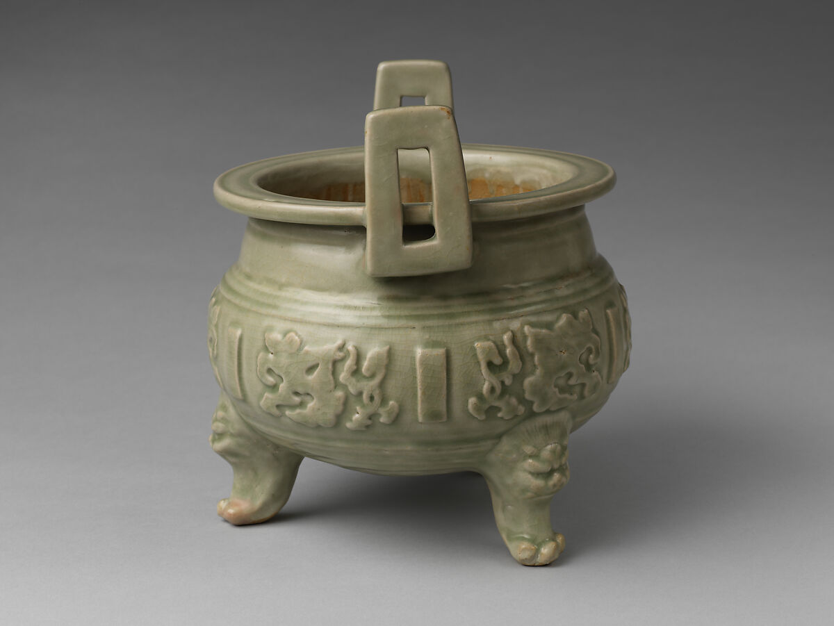 Tripod incense burner with archaistic patterns, Stoneware with molded decoration under celadon glaze (Yaozhou ware), China