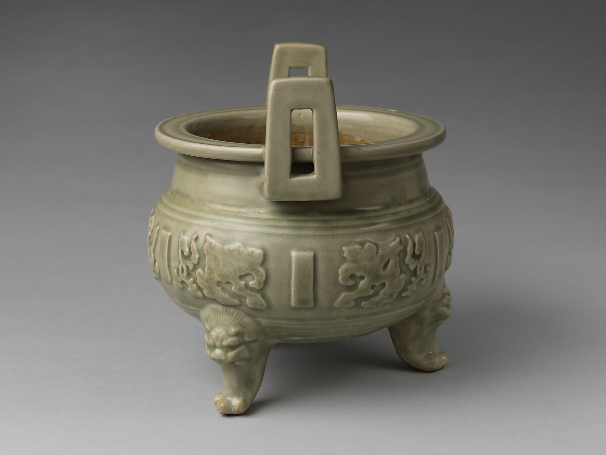 Tripod incense burner with archaistic patterns, Stoneware with molded decoration under celadon glaze (Yaozhou ware), China