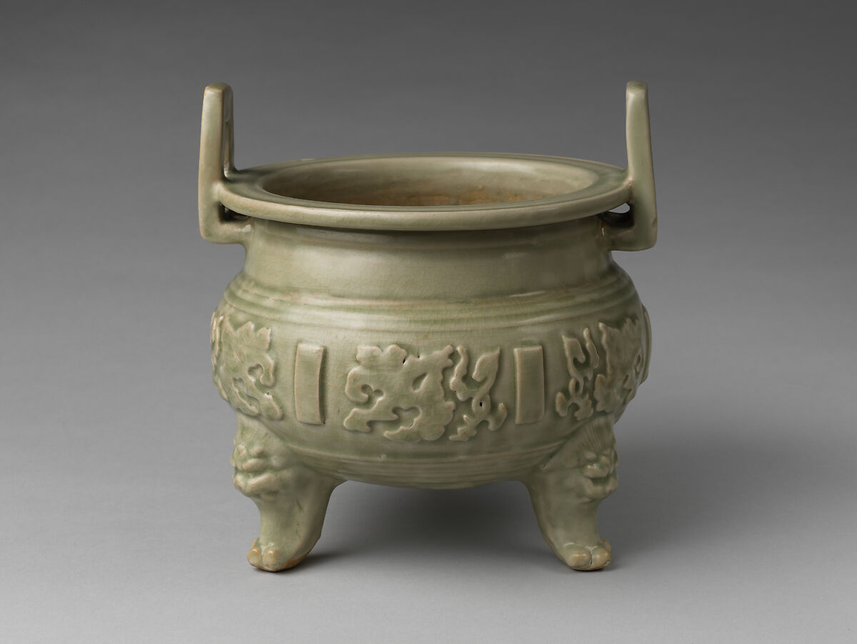 Tripod incense burner with archaistic patterns, Stoneware with molded decoration under celadon glaze (Yaozhou ware), China