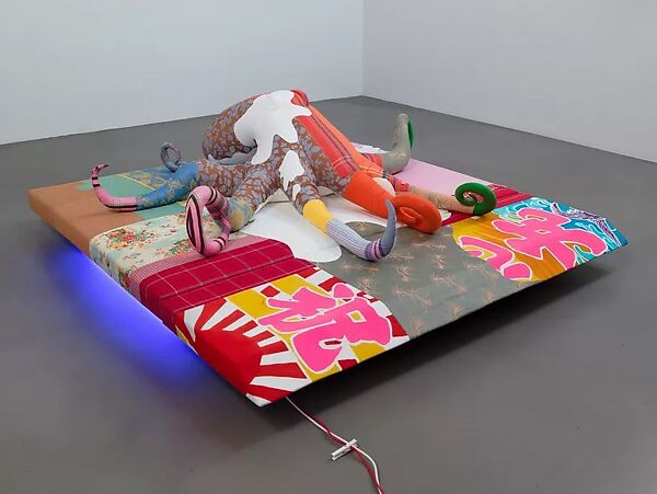 TOTAL PRODUCE (MORALITY), Cosima von Bonin (German, born Mombasa, Kenya 1962), Octopus: Various fabrics, polyfillBase: Various fabrics, foam materials, wood, fluorescent lights 