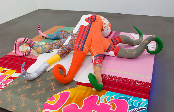 TOTAL PRODUCE (MORALITY), Cosima von Bonin (German, born Mombasa, Kenya 1962), Octopus: Various fabrics, polyfillBase: Various fabrics, foam materials, wood, fluorescent lights