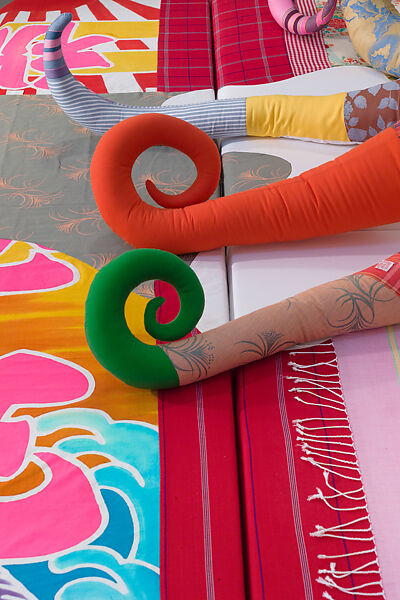 TOTAL PRODUCE (MORALITY), Cosima von Bonin (German, born Mombasa, Kenya 1962), Octopus: Various fabrics, polyfillBase: Various fabrics, foam materials, wood, fluorescent lights