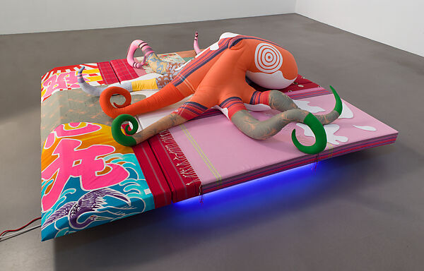 TOTAL PRODUCE (MORALITY), Cosima von Bonin (German, born Mombasa, Kenya 1962), Octopus: Various fabrics, polyfillBase: Various fabrics, foam materials, wood, fluorescent lights