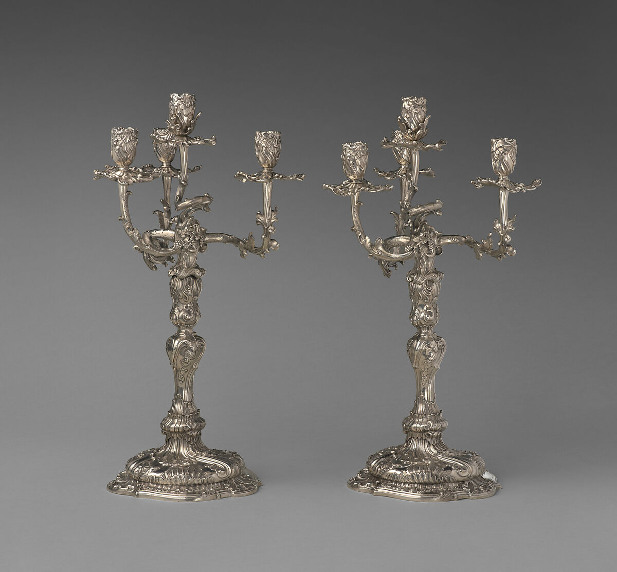 Pair of royal German silver four-light candelabra, Christian Heinrich Ingermann (German, 1713–1778), Cast, chased and engraved silver, German, Dresden 