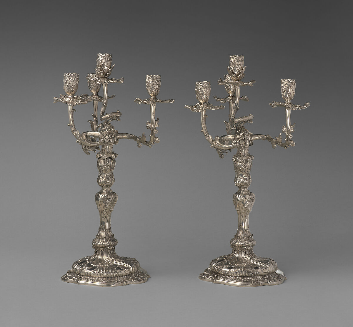 Pair of royal German silver four-light candelabra, Christian Heinrich Ingermann (German, 1713–1778), Cast, chased and engraved silver, German, Dresden