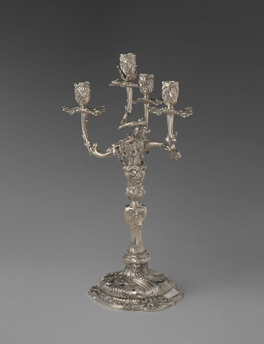 Pair of royal German silver four-light candelabra, Christian Heinrich Ingermann (German, 1713–1778), Cast, chased and engraved silver, German, Dresden