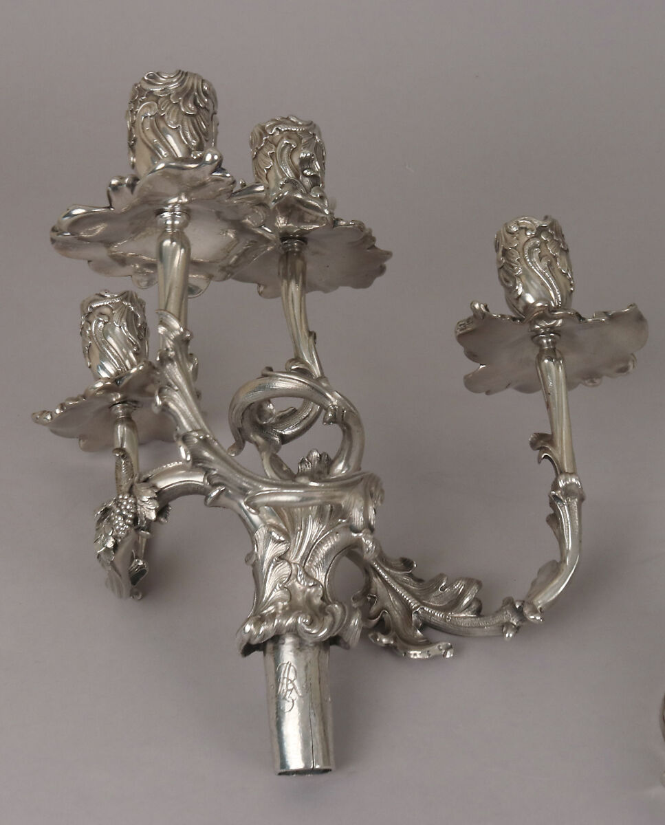 Pair of royal German silver four-light candelabra, Christian Heinrich Ingermann (German, 1713–1778), Cast, chased and engraved silver, German, Dresden