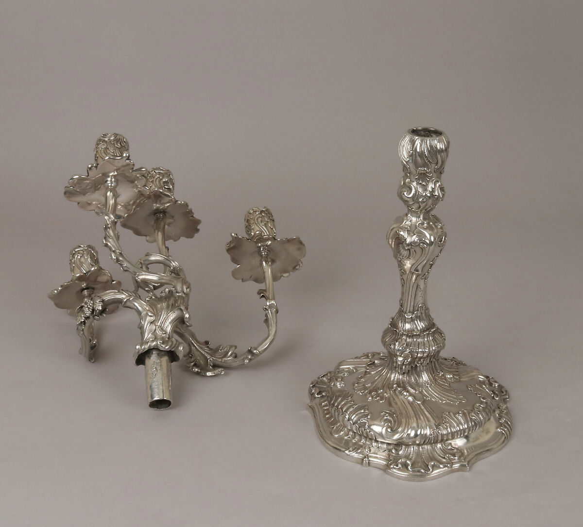 Pair of royal German silver four-light candelabra, Christian Heinrich Ingermann (German, 1713–1778), Cast, chased and engraved silver, German, Dresden