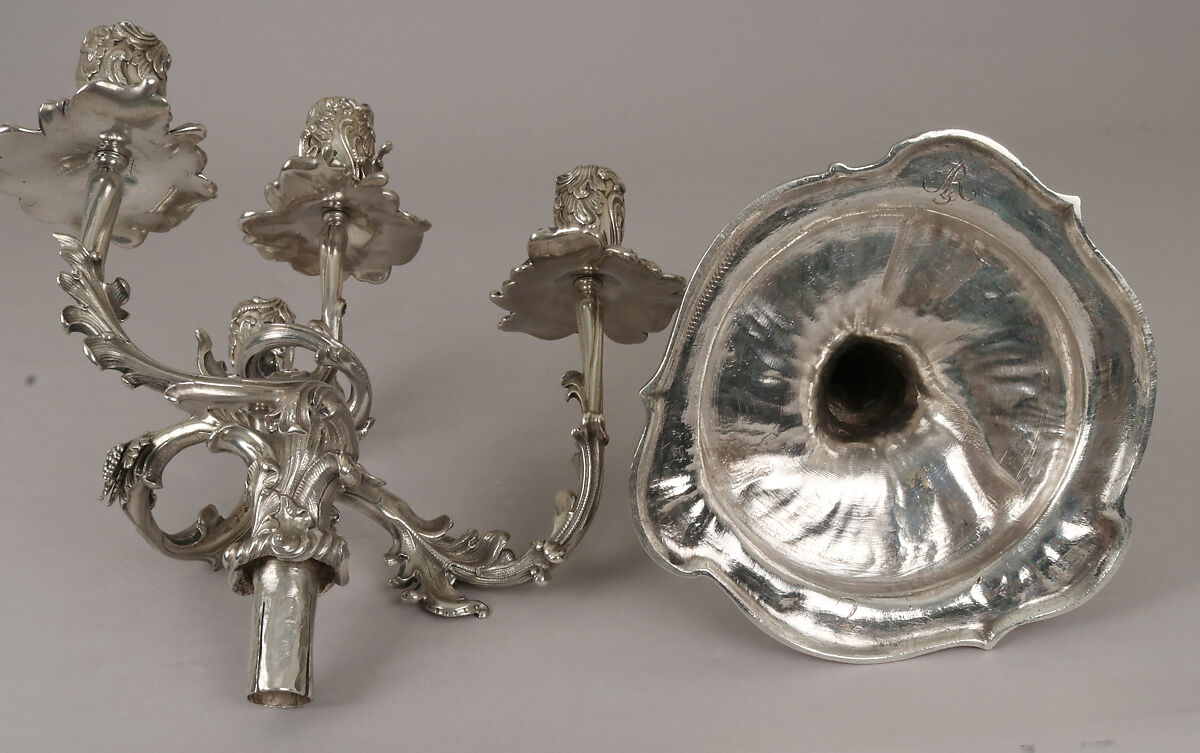 Pair of royal German silver four-light candelabra, Christian Heinrich Ingermann (German, 1713–1778), Cast, chased and engraved silver, German, Dresden