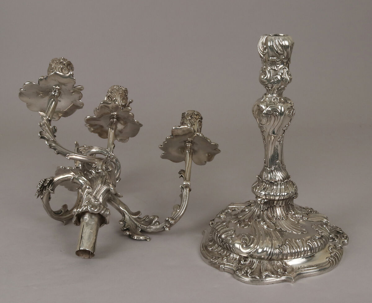 Pair of royal German silver four-light candelabra, Christian Heinrich Ingermann (German, 1713–1778), Cast, chased and engraved silver, German, Dresden