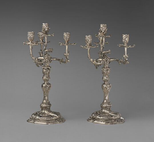 Pair of royal German silver four-light candelabra