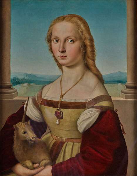 Portrait of a Young Woman with a Unicorn (Laura Orsini della Rovere?), Raphael (Raffaello Sanzio or Santi)  Italian, Oil on wood panel, transferred to canvas, glued to a wood support