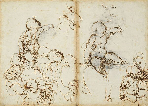 Sketches of Infants; the Virgin and Child (recto), Two Studies for Draperies on a Seated Figure; Head of a Man in Profile (verso)
, Raphael (Raffaello Sanzio or Santi)  Italian, Pen and brown ink, over leadpoint underdrawing (recto), metalpoint, highlighted with white gouache, on paper prepared yellowish pink (verso)
