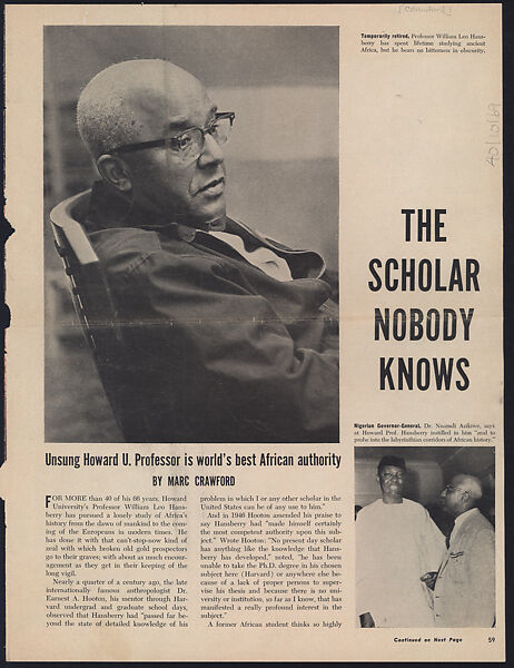 “The Scholar Nobody Knows: Unsung Howard U. Professor Is World’s Best African Authority,” in Ebony, Marc Crawford  American, Ink on paper