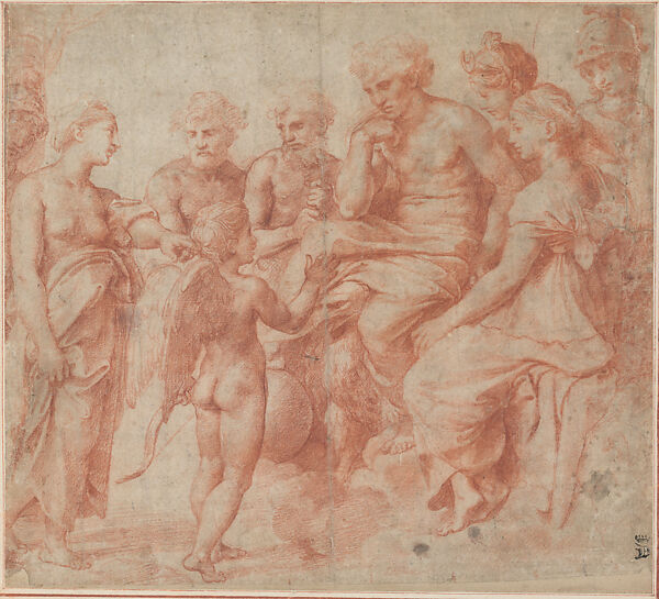 Study for the Right Half of the Council of the Gods (Venus and Cupid before Jupiter), Loggia di Psiche, Villa Farnesina, Raphael (Raffaello Sanzio or Santi)  Italian, Red chalk, selective deepening of tone with pen or brush with brownish-red in wash, over extensive preliminary stylus underdrawing; slight, unrelayed stylis-incised underdrawing at center; stylus-ruled horizontal and vertical axis lines, sheets glued onto a secondary support