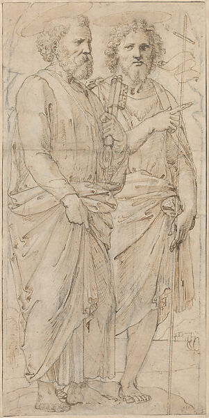 Saints Peter and John the Baptist in a Landscape (Cartoon for a Painting?), Baldassarre Tommaso Peruzzi  Italian, Pen and brown ink, brush and light brown wash, over extensive black-chalk underdrawing; stylus-incised outlines of the arch-shaped composition (arch incised with compass); outlines of the figures and silhouetted framing lines pricked for transfer of the design