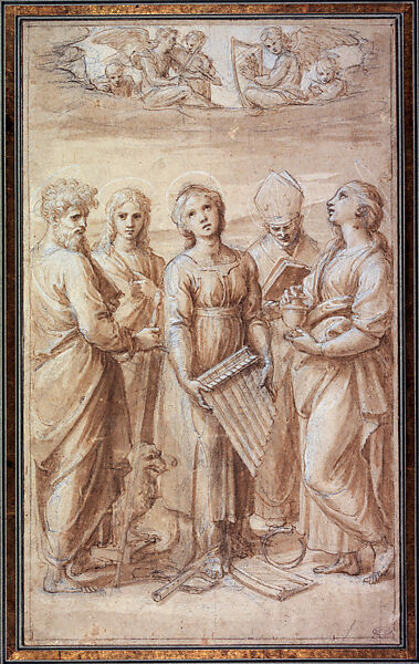 Modello Drawing for the Altarpiece of the Ecstasy of Saint Cecilia, Raphael (Raffaello Sanzio or Santi)  Italian, Pen and brown ink, brush and brown wash, over soft grayish black-chalk underdrawing; vertical and horizontal axes in black chalk, framing outlines constructed and measured with pinpricks; laid down