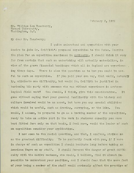 Letter to William Leo Hansberry, Dows Dunham  American, Ink on paper
