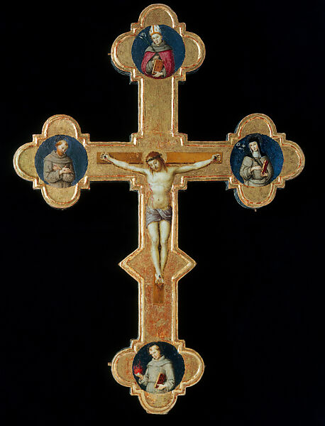 Processional Cross with the Crucified Christ and Roundels depicting the Virgin and Saints Peter, John the Evangelist, and Mary Magdalene (obverse); Crucified Christ and Roundels Depicting Saints Francis of Assisi, Louis of Toulouse, Claire, and Anthony of Padua (reverse), Raphael (Raffaello Sanzio or Santi) (Italian, Urbino 1483–1520 Rome), Tempera and gold on wood