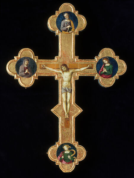 Processional Cross with the Crucified Christ and Roundels depicting the Virgin and Saints Peter, John the Evangelist, and Mary Magdalene (obverse); Crucified Christ and Roundels Depicting Saints Francis of Assisi, Louis of Toulouse, Claire, and Anthony of Padua (reverse), Raphael (Raffaello Sanzio or Santi)  Italian, Tempera and gold on wood