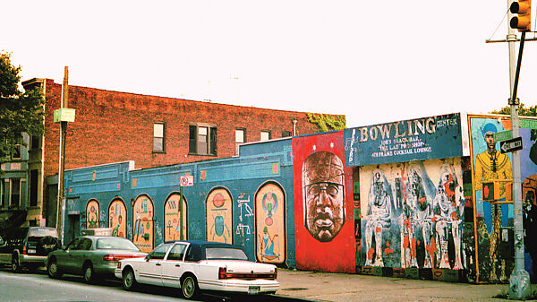 Bedford Bowling Center murals, 1980–94: Jamal Lance’s Egypt Symbols in Arches, Menelek III’s Olmec Head, and Kiambu Zawadi’s Three Pharaohs, Janet Braun-Reinitz  American, Inkjet print