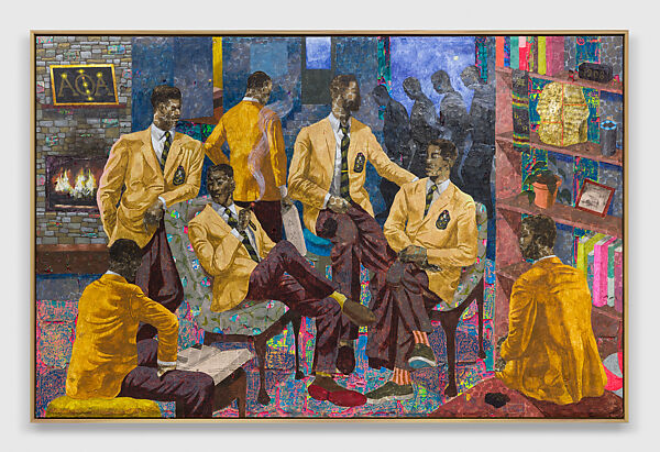 Board Meeting (Brotherhood Smoke), Derek Fordjour  American, Acrylic, charcoal, cardboard, foil, glitter, and oil pastel on newspaper mounted on canvas