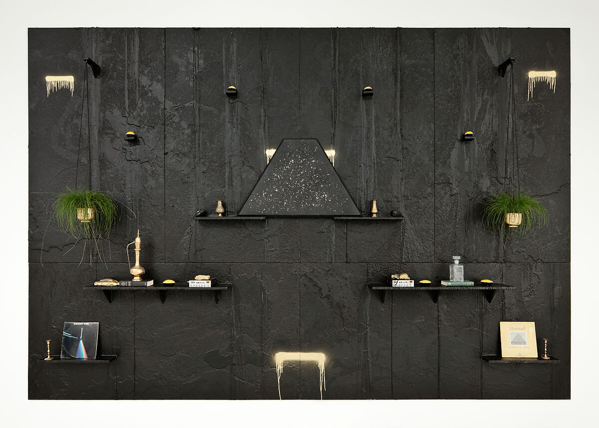 Pyramid, Rashid Johnson  American, Black soap, wax, vinyl, CB radio, brass, books, glass, spray paint, plants, wood, shea butter, and space rocks