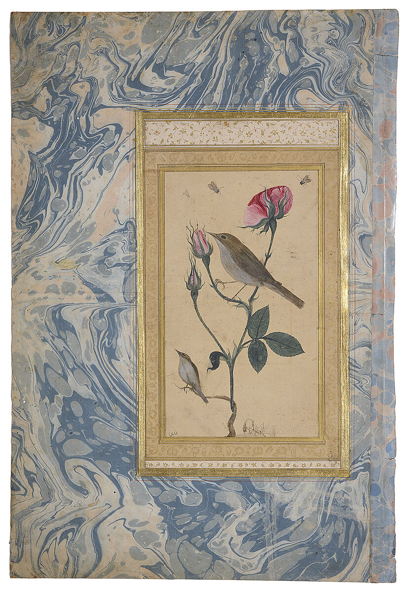 "Two Nightingales in a Rose Bush", Double-Sided Illustrated Leaf from an Ottoman Album, 'Abdullah Bukhari (Turkish, active ca. 1725–50s), Opaque watercolor with black ink, shell, and gold leaf on paper, with a marbled paper margin