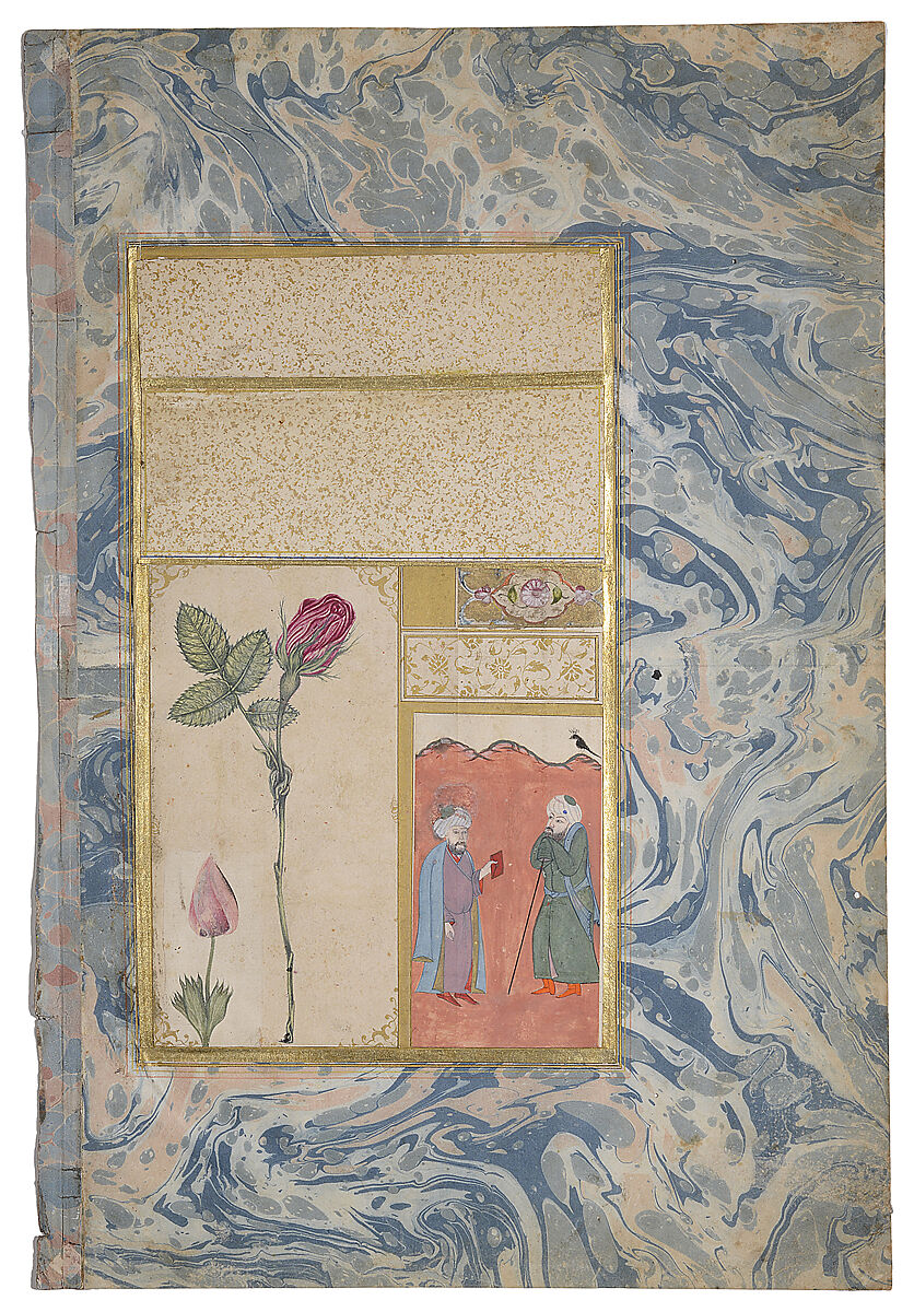 "Two Nightingales in a Rose Bush", Double-Sided Illustrated Leaf from an Ottoman Album, 'Abdullah Bukhari (Turkish, active ca. 1725–50s), Opaque watercolor with black ink, shell, and gold leaf on paper, with a marbled paper margin