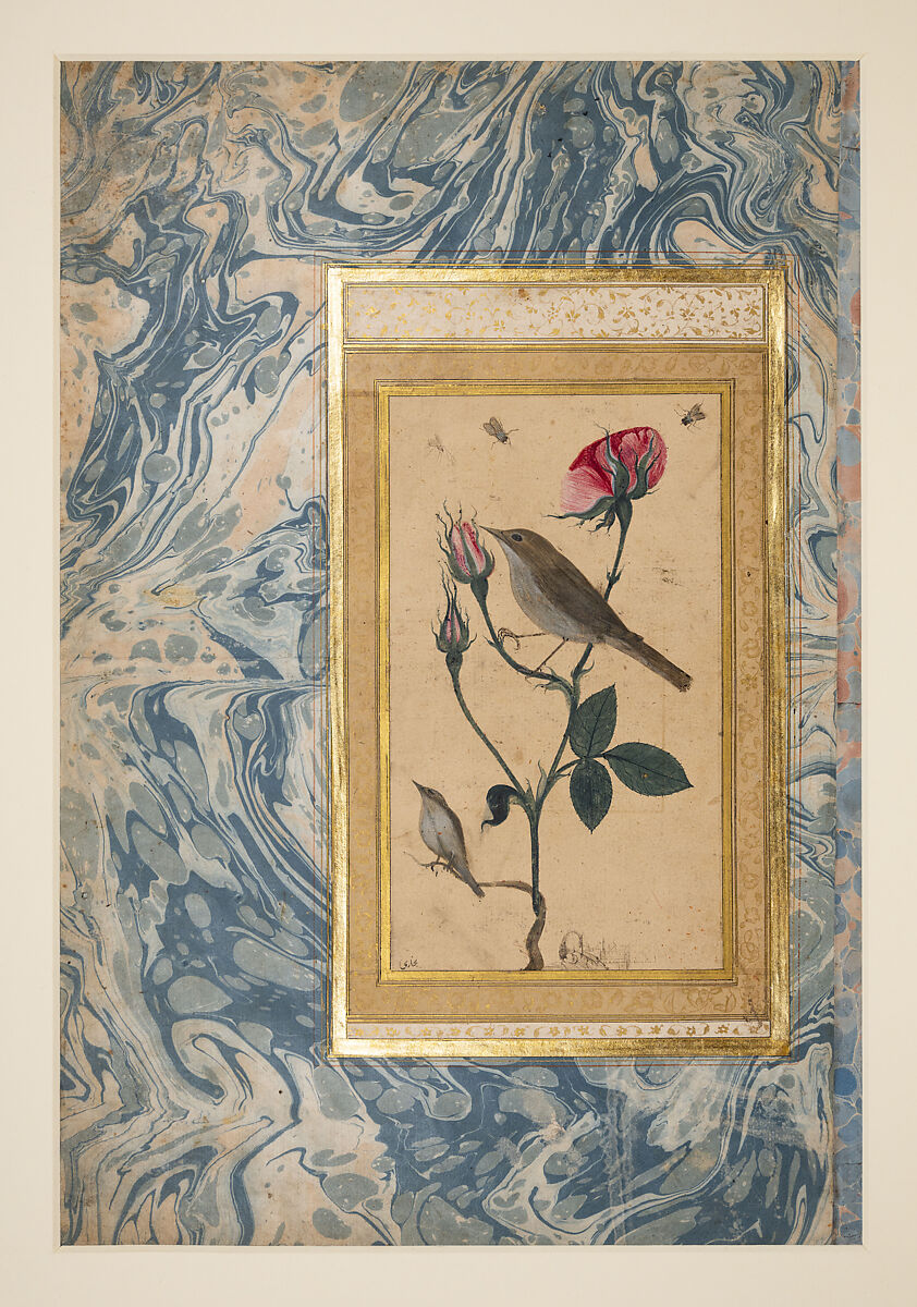 "Two Nightingales in a Rose Bush", Double-Sided Illustrated Leaf from an Ottoman Album, 'Abdullah Bukhari (Turkish, active ca. 1725–50s), Opaque watercolor with black ink, shell, and gold leaf on paper, with a marbled paper margin