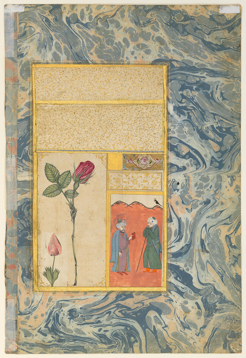 "Two Nightingales in a Rose Bush", Double-Sided Illustrated Leaf from an Ottoman Album, 'Abdullah Bukhari (Turkish, active ca. 1725–50s), Opaque watercolor with black ink, shell, and gold leaf on paper, with a marbled paper margin