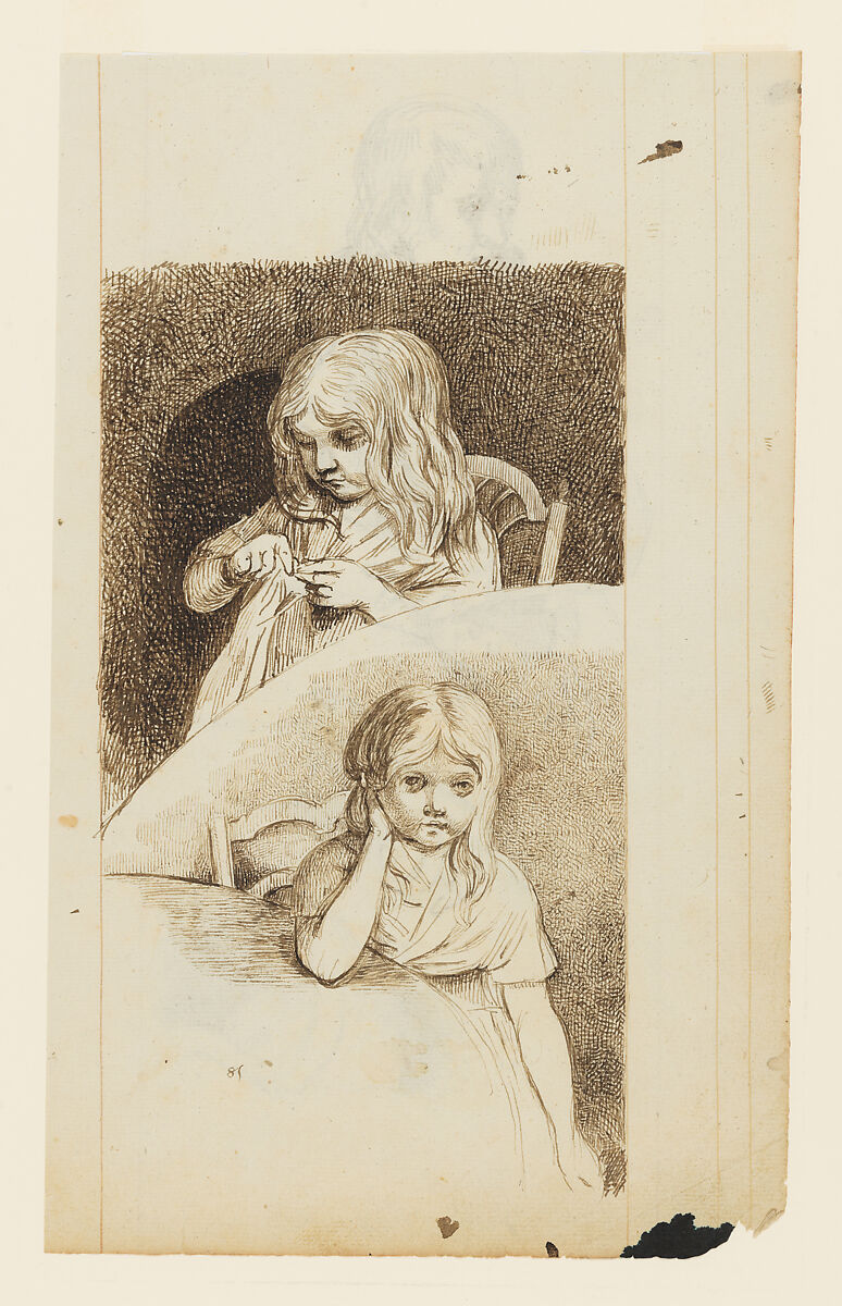 Two Studies of a Young Girl (possibly Louise-Reine Guffroy)(recto); A Study of a seated man with sketches of  his hand, a girl, and a head (verso), Adélaïde-Marie-Anne Castellas-Moitte (French, 1747–1807), Pen and brown ink (recto); graphite, pen and brown ink (verso) 