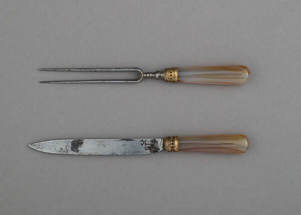 Hunting Sword with Scabbard, Knife, and Fork, Steel, gold, silver, copper alloy, pigments, agate, wood, leather, German