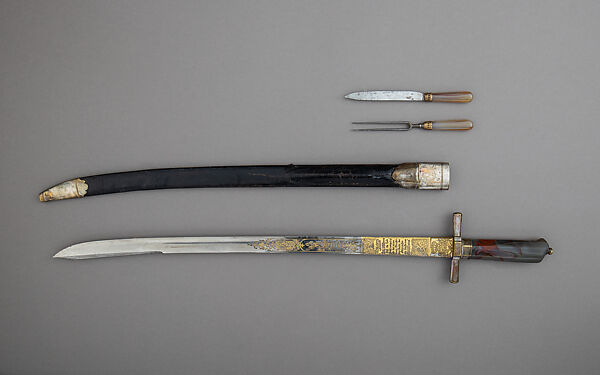 Hunting Sword with Scabbard, Knife, and Fork, Steel, gold, silver, copper alloy, pigments, agate, wood, leather, German