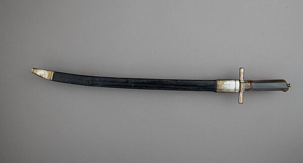 Hunting Sword with Scabbard, Knife, and Fork, Steel, gold, silver, copper alloy, pigments, agate, wood, leather, German