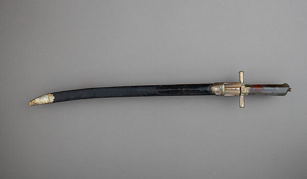 Hunting Sword with Scabbard, Knife, and Fork, Steel, gold, silver, copper alloy, pigments, agate, wood, leather, German