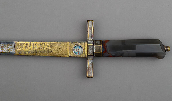 Hunting Sword with Scabbard, Knife, and Fork, Steel, gold, silver, copper alloy, pigments, agate, wood, leather, German
