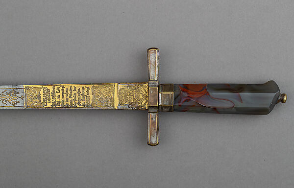 Hunting Sword with Scabbard, Knife, and Fork, Steel, gold, silver, copper alloy, pigments, agate, wood, leather, German