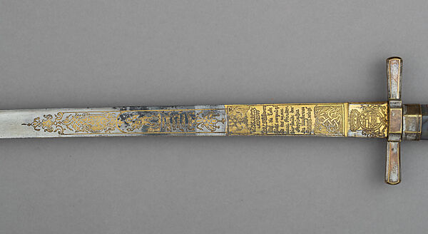 Hunting Sword with Scabbard, Knife, and Fork, Steel, gold, silver, copper alloy, pigments, agate, wood, leather, German