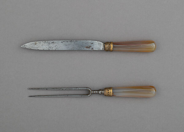 Hunting Sword with Scabbard, Knife, and Fork, Steel, gold, silver, copper alloy, pigments, agate, wood, leather, German