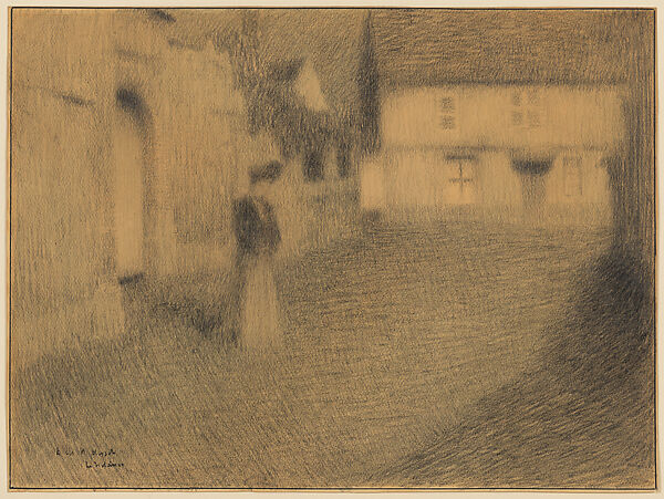 Evening in Gerberoy, Henri Le Sidaner (French, Port Louis, Mauritius 1862–1939 Versailles), Black wax crayon with framing line in pen and carbon black ink 