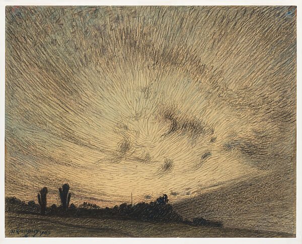 Evening Sky (Båstad), Nils Kreuger (Swedish, Kalmar 1858–1930 Stockholm), Fabricated black crayon (binder enriched, probably with wax), watercolor washes in varied hues, touches of blue pastel; signed in watercolor; on thick, manila colored, machine-made wove paper 